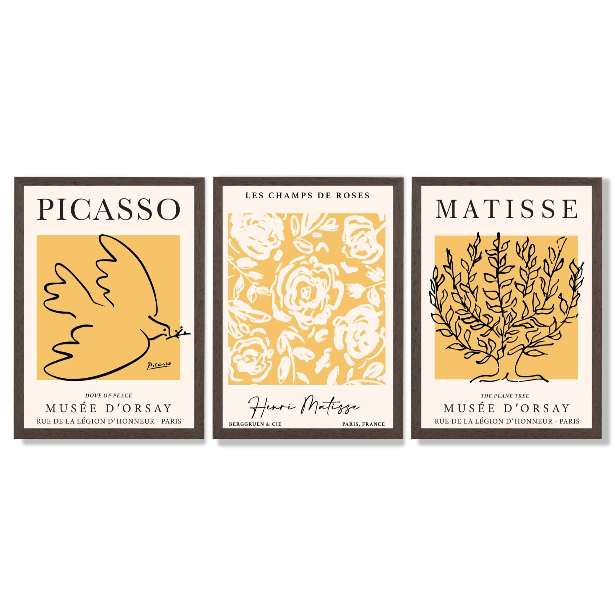 Set of 3 Picasso and Matisse Yellow Floral Framed Wall Art with Dark Wood Frames