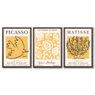 Set of 3 Picasso and Matisse Yellow Floral Framed Wall Art with Dark Wood Frames