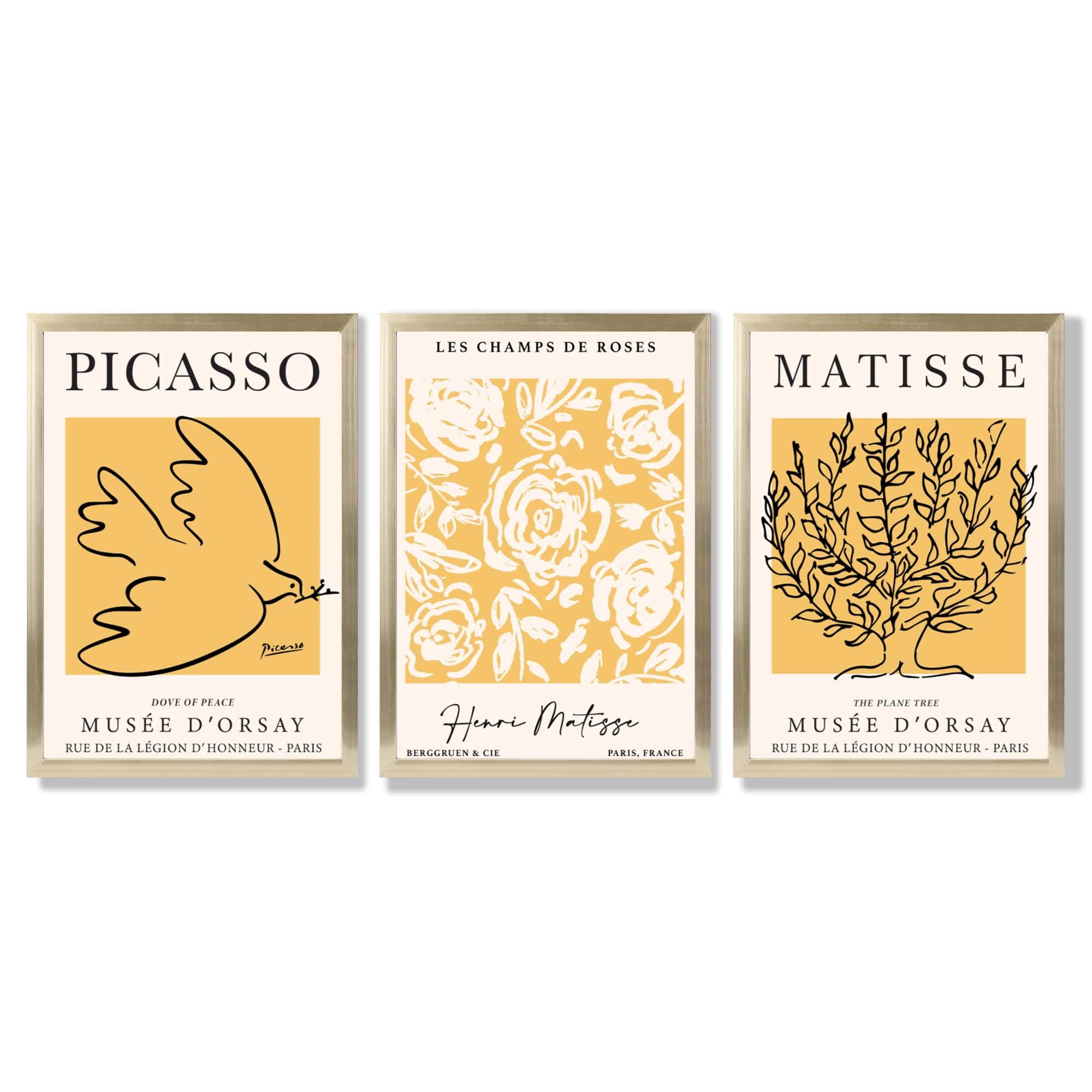 Set of 3 Picasso and Matisse Yellow Floral Framed Wall Art with Gold Wood Frames