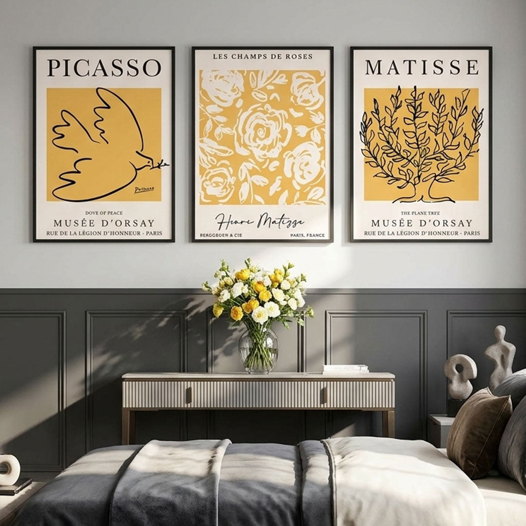 Set of 3 Picasso and Matisse Yellow Floral Art Prints in Black Frames | Artze UK