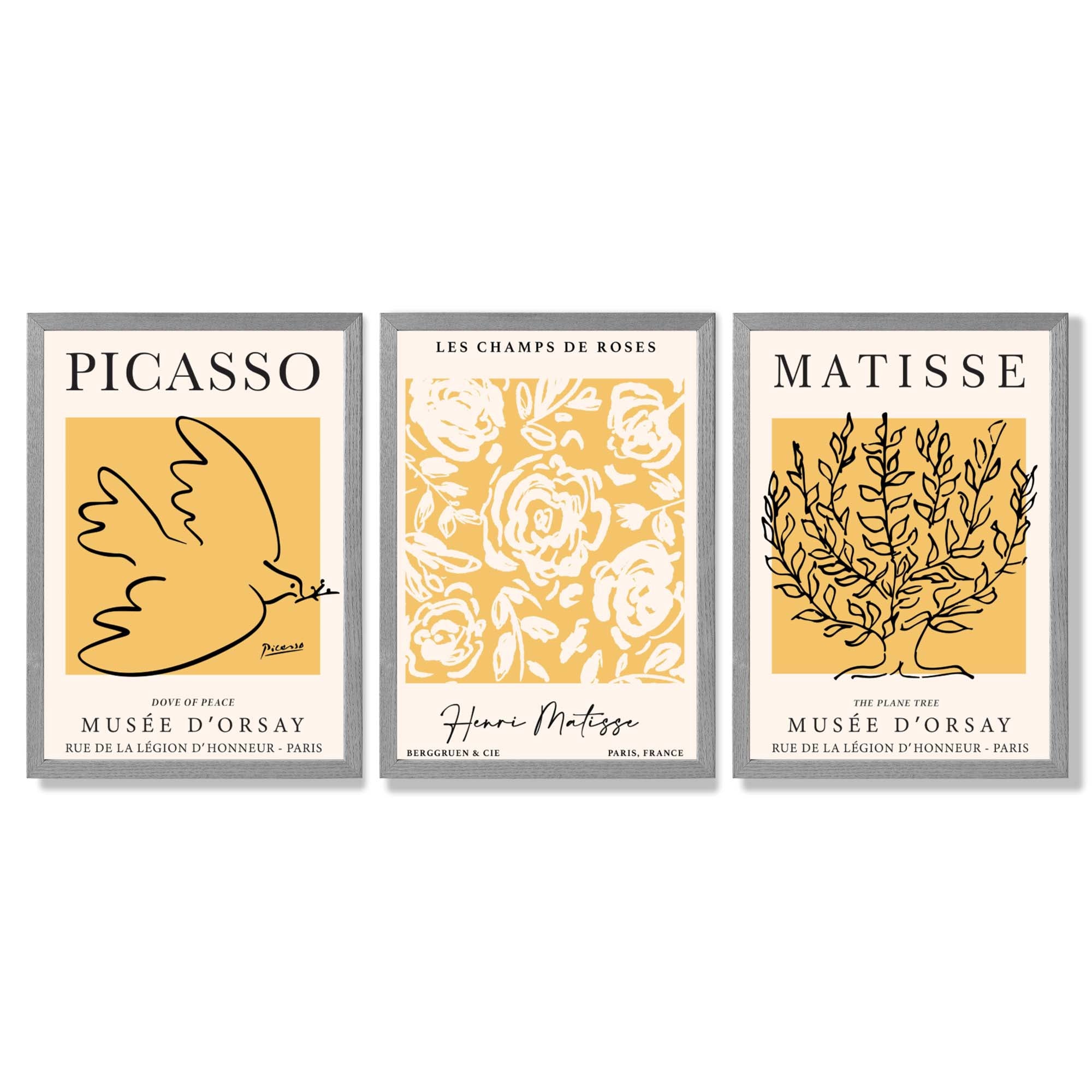 Set of 3 Picasso and Matisse Yellow Floral Framed Wall Art with Light Grey Wooden Frames