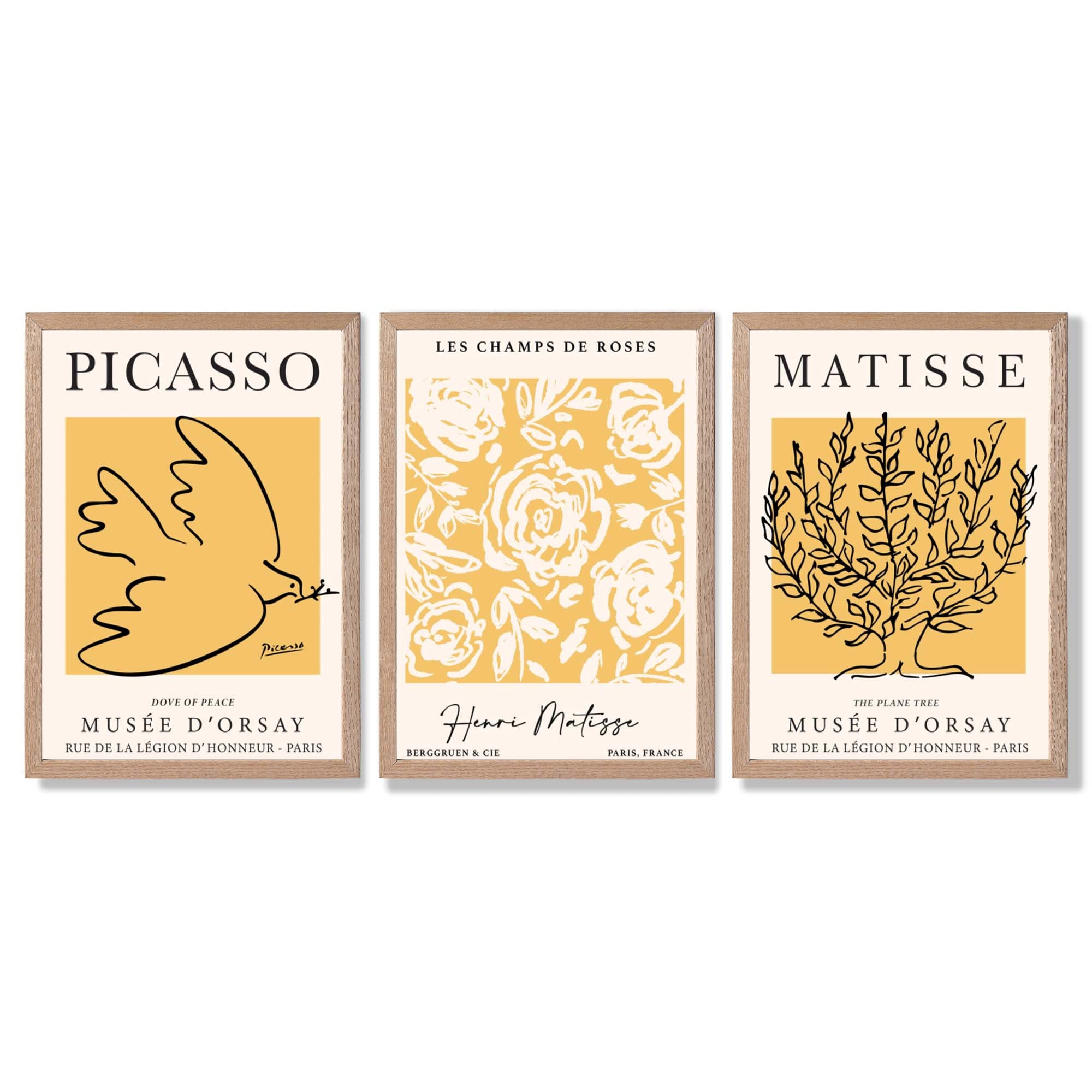 Set of 3 Picasso and Matisse Yellow Floral Framed Wall Art with Light Oak Frames
