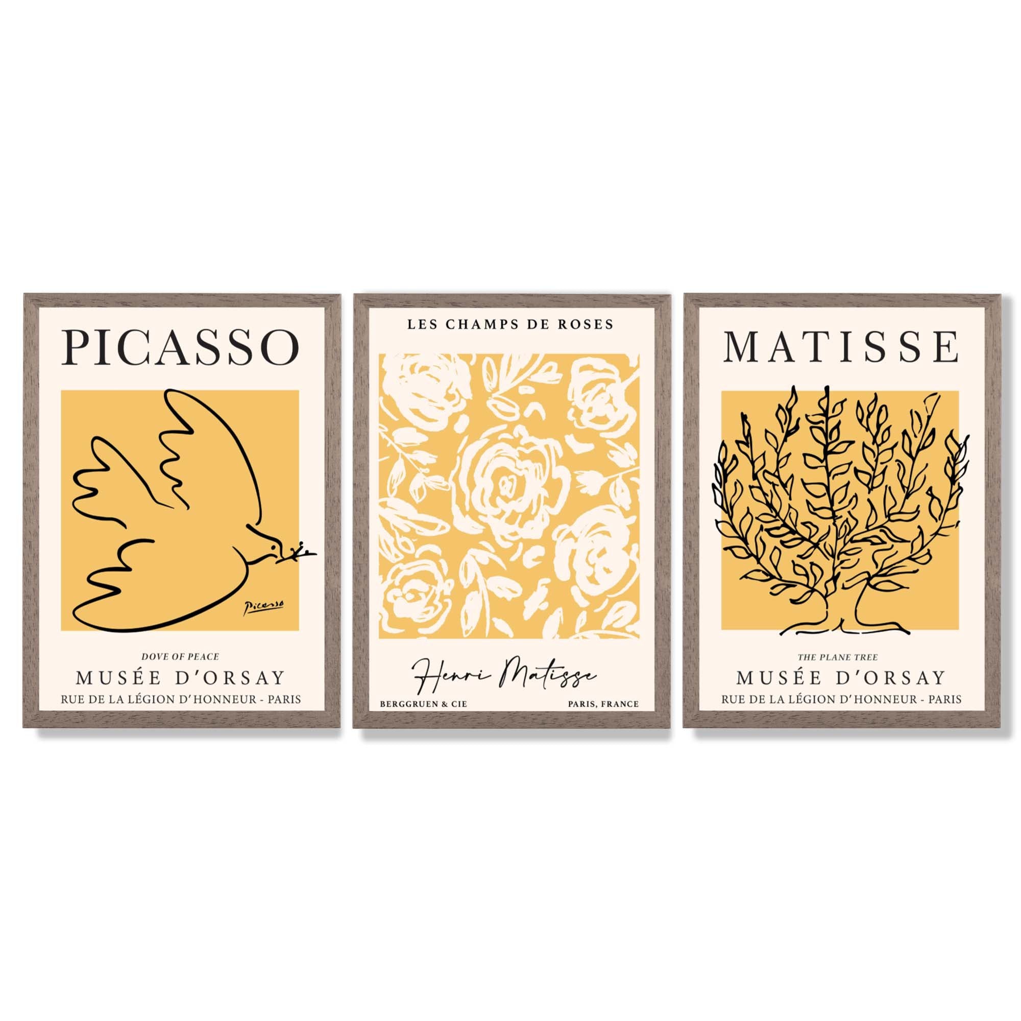 Set of 3 Picasso and Matisse Yellow Floral Framed Wall Art with Light Walnut Frames