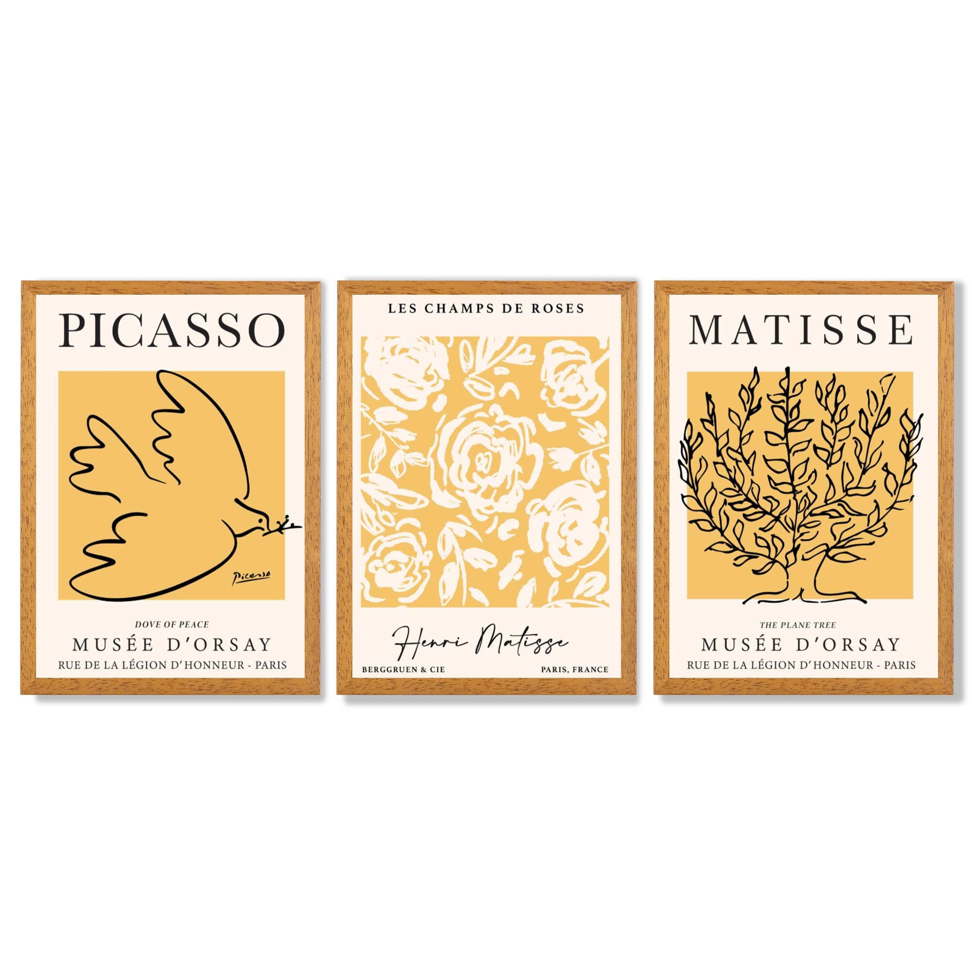 Set of 3 Picasso and Matisse Yellow Floral Framed Wall Art with Oak Wooden Frames