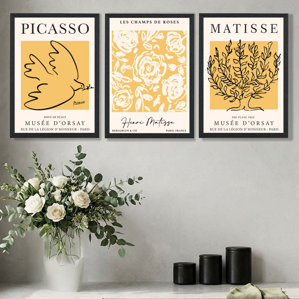 Set of 3 Picasso and Matisse Yellow Floral Art Prints in Oak Frames | Artze UK