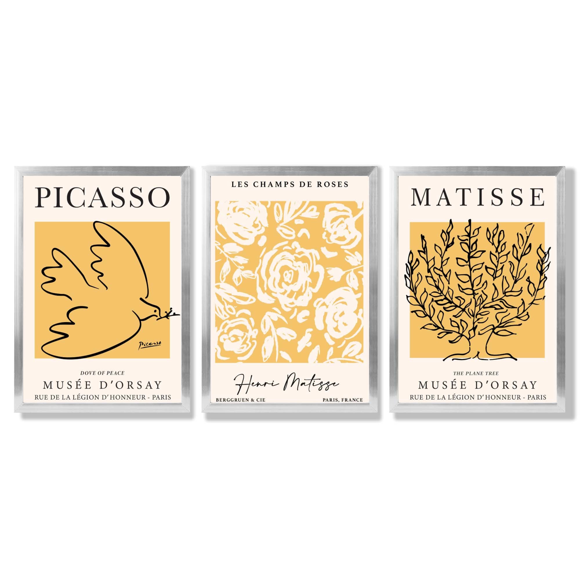Set of 3 Picasso and Matisse Yellow Floral Framed Wall Art with Silver Wood Frames