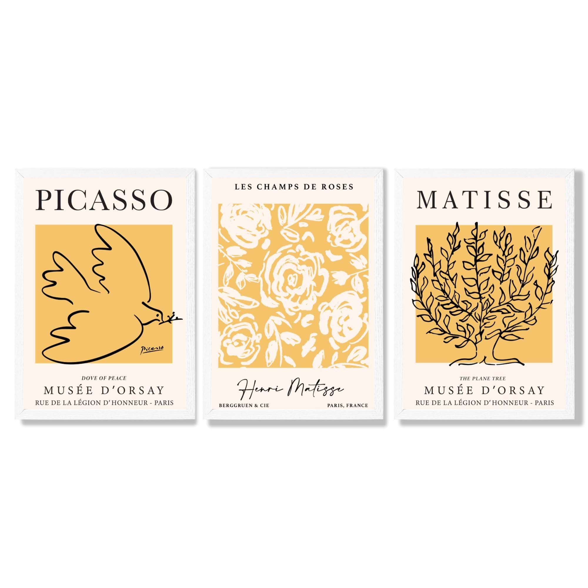 Set of 3 Picasso and Matisse Yellow Floral Framed Wall Art with White Wooden Frames