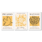 Set of 3 Picasso and Matisse Yellow Floral Framed Wall Art with White Wooden Frames