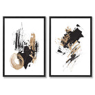 Black and Gold Abstract Oil Strokes Set of 2 Art Prints with Black Frame