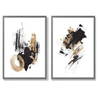 Black and Gold Abstract Oil Strokes Set of 2 Art Prints with Dark Grey Frame