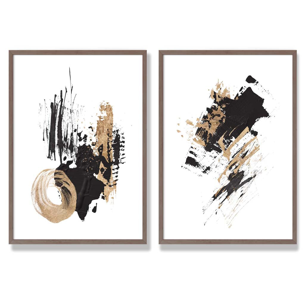 Black and Gold Abstract Oil Strokes Set of 2 Art Prints with Walnut Frame
