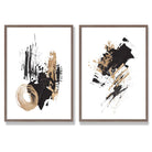 Black and Gold Abstract Oil Strokes Set of 2 Art Prints with Walnut Frame