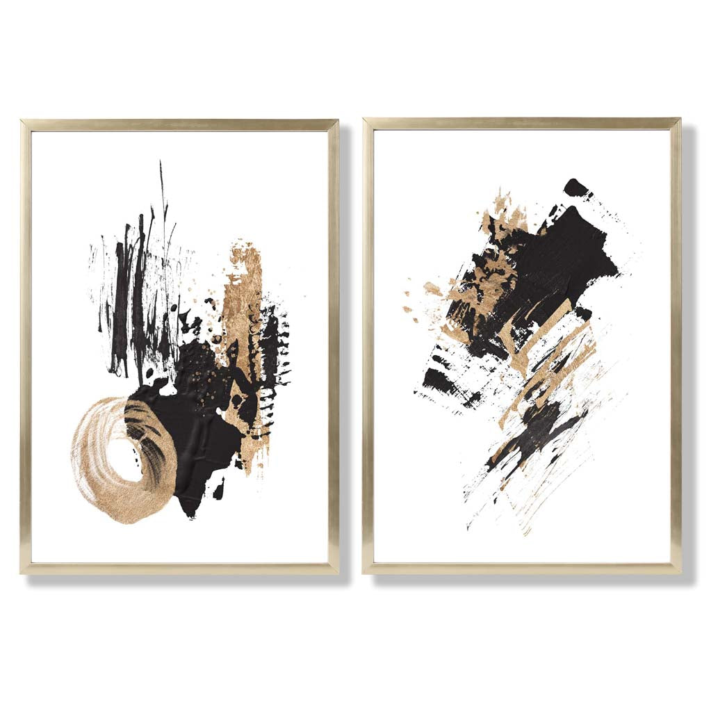 Black and Gold Abstract Oil Strokes Set of 2 Art Prints with Gold Frame