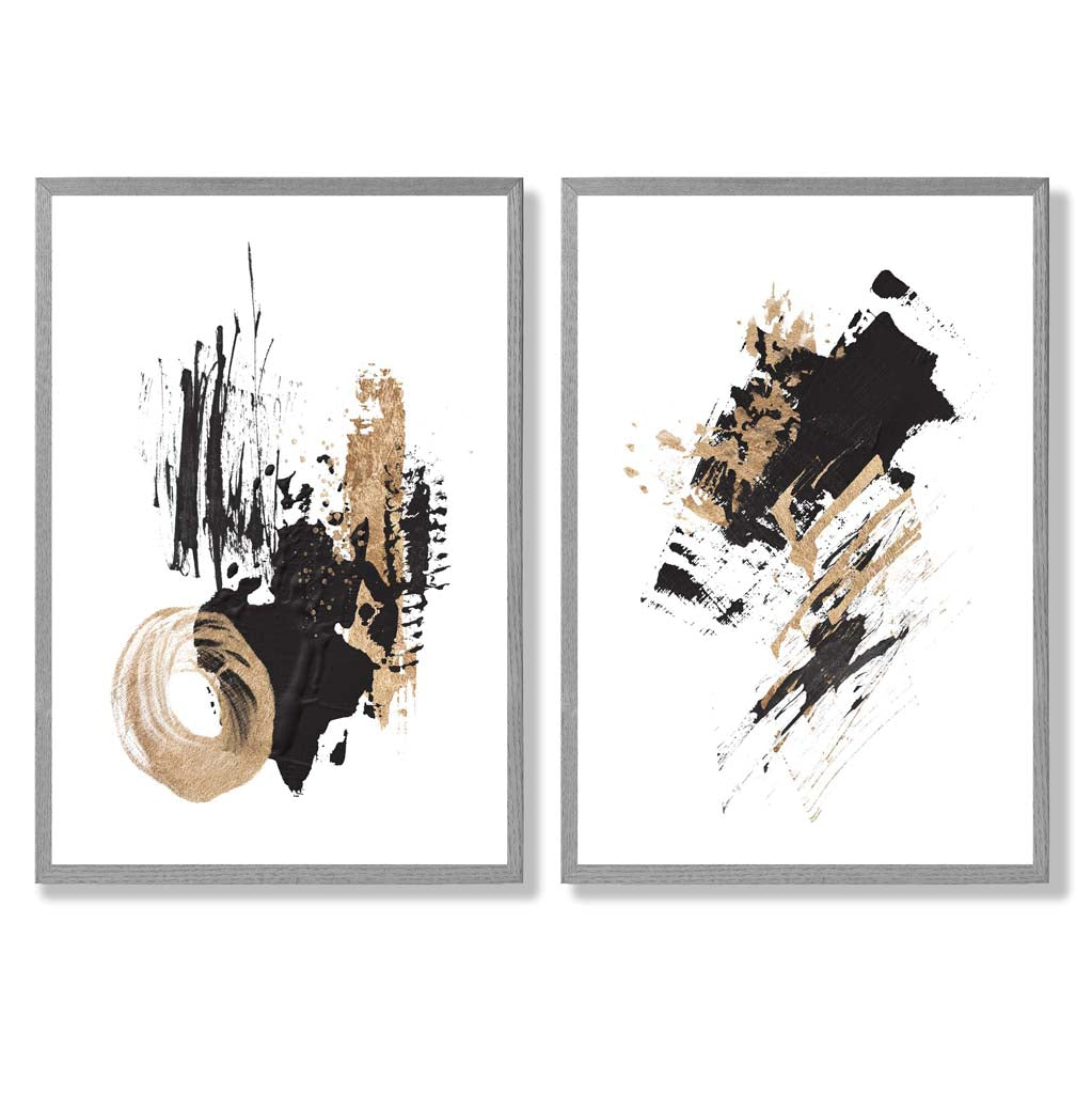 Black and Gold Abstract Oil Strokes Set of 2 Art Prints with Light Grey Frame