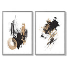 Black and Gold Abstract Oil Strokes Set of 2 Art Prints with Light Grey Frame