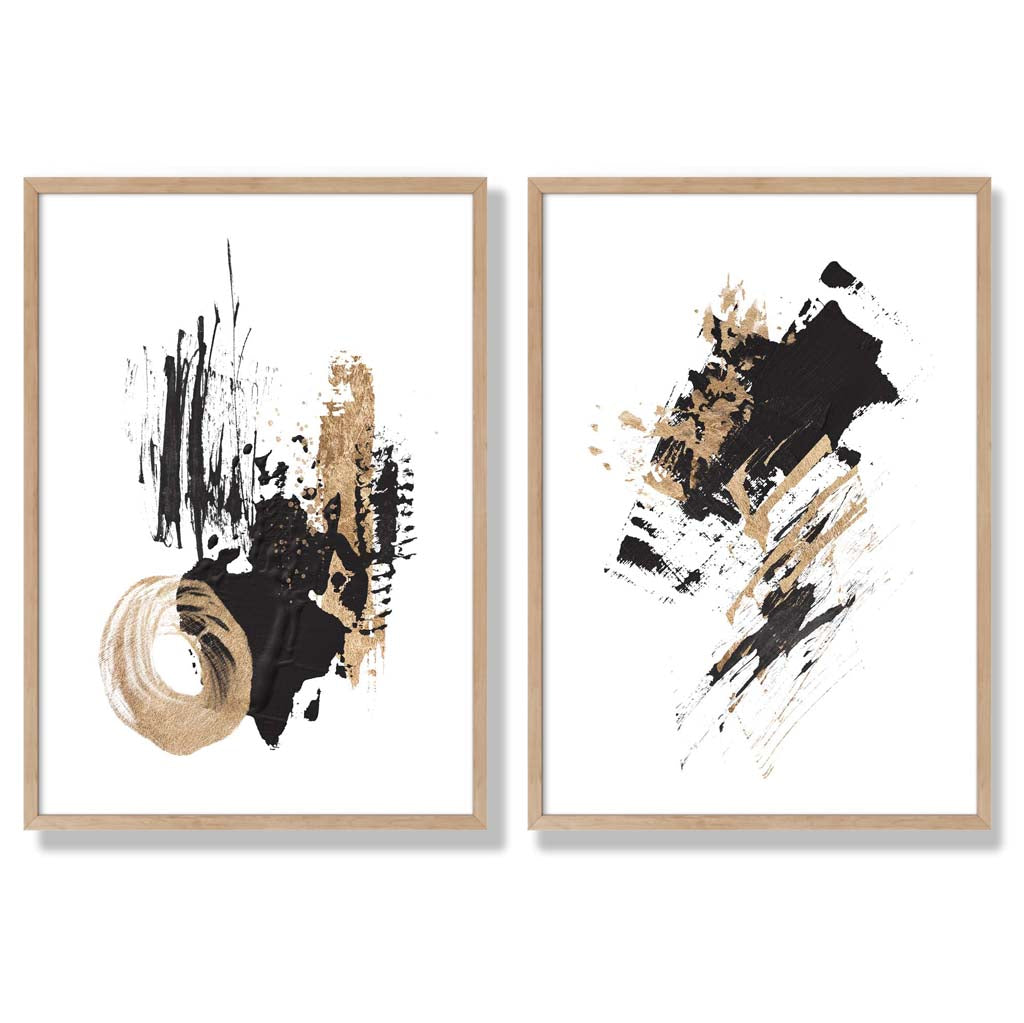 Black and Gold Abstract Oil Strokes Set of 2 Art Prints with Oak Frame