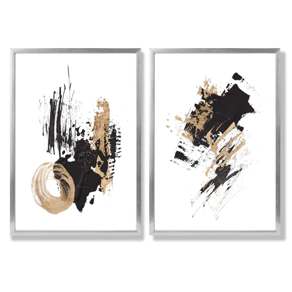 Black and Gold Abstract Oil Strokes Set of 2 Art Prints with Silver Frame