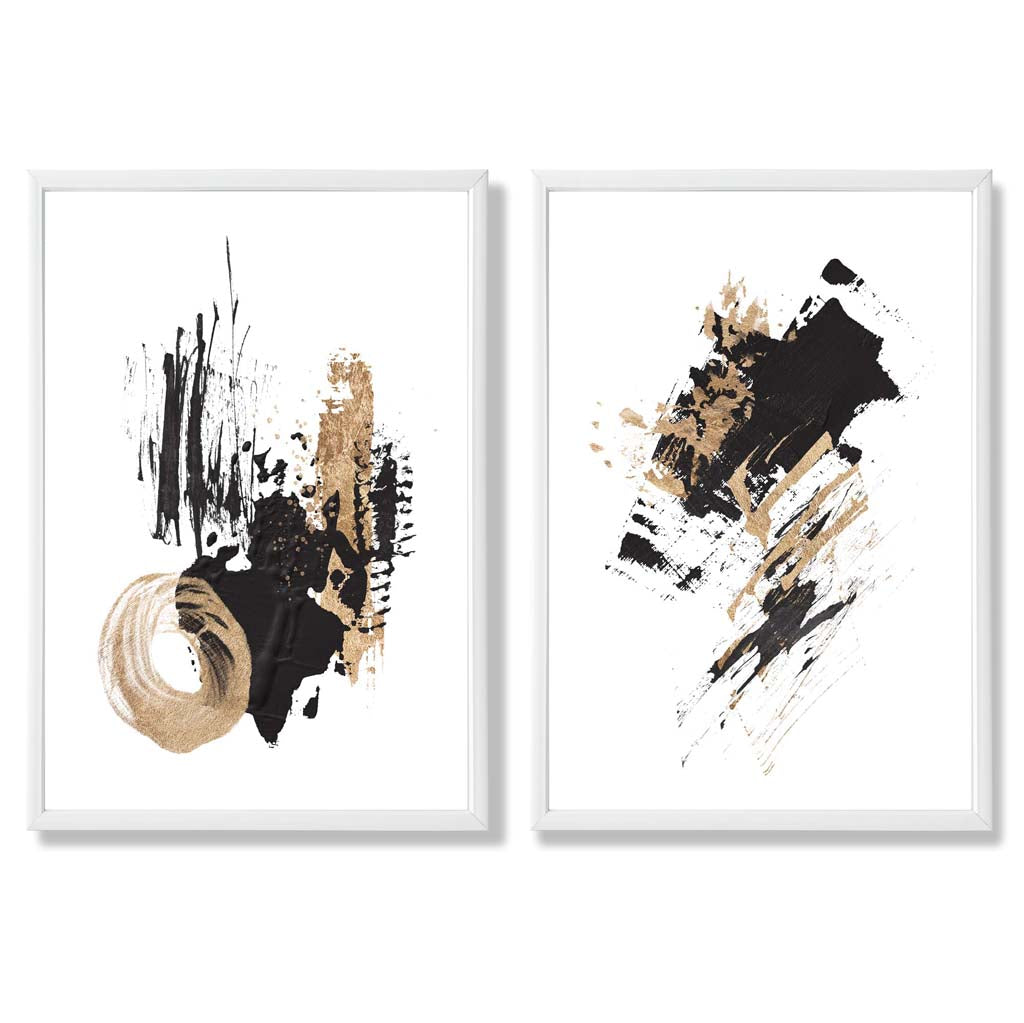Black and Gold Abstract Oil Strokes Set of 2 Art Prints with White Frame