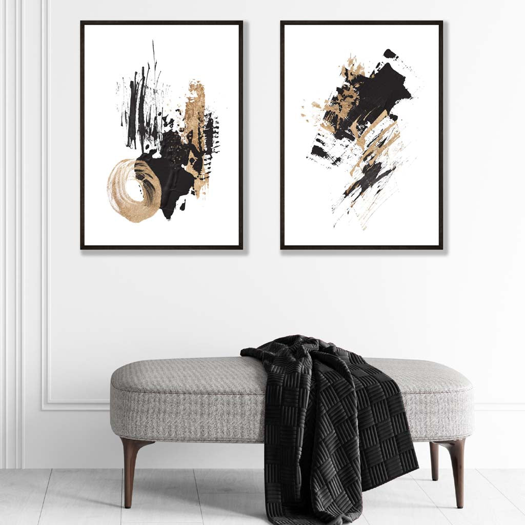 Set of 2 Black and Gold Abstract Oil Strokes Prints | Artze Wall Art UK