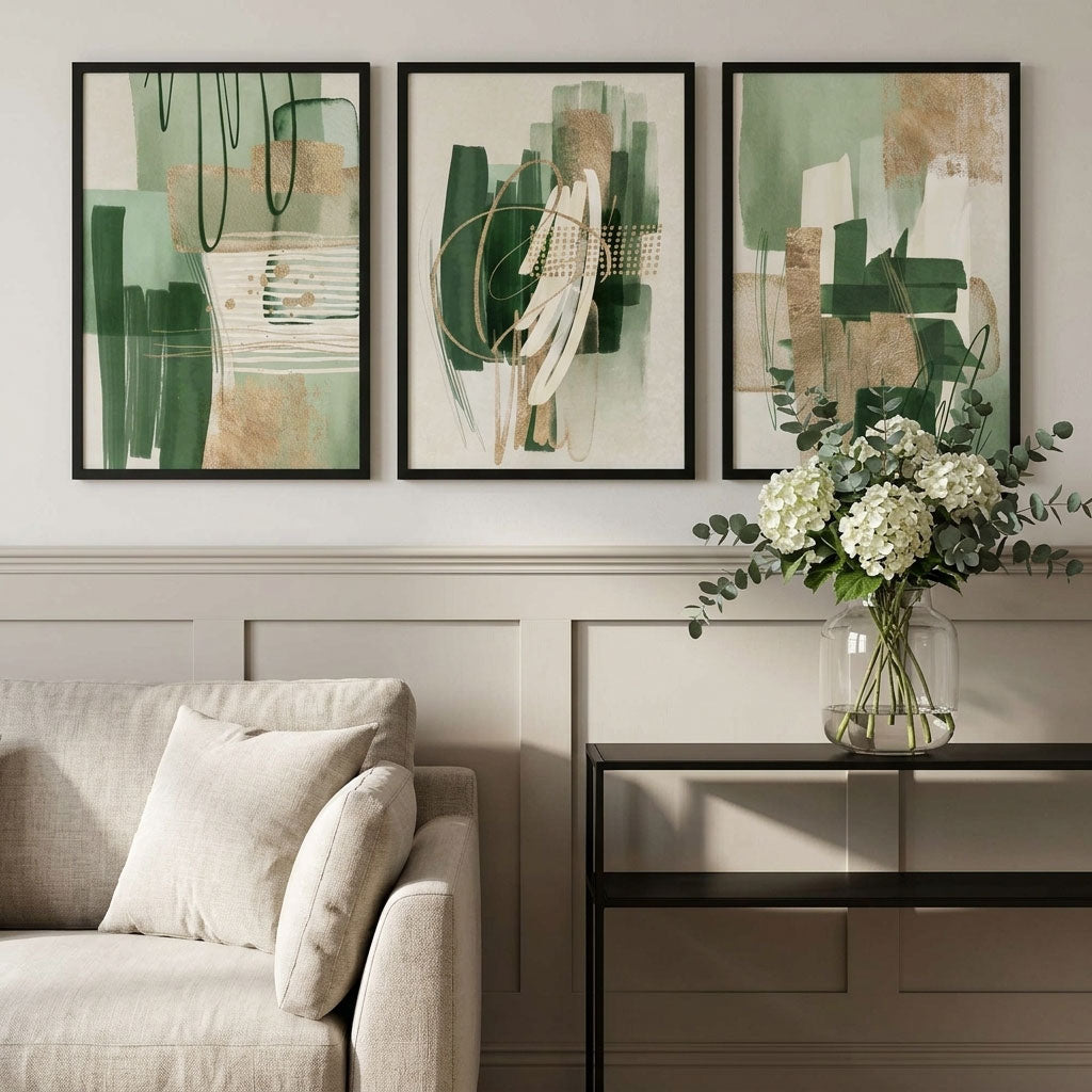 Set of 3 Abstract Green with Gold Framed Wall Art with Black Wooden Frames