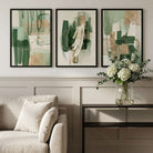 Set of 3 Abstract Green with Gold Framed Wall Art with Black Wooden Frames