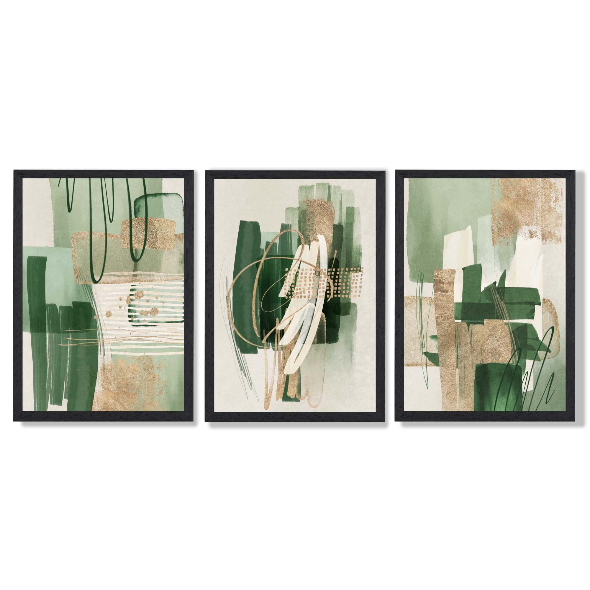 Set of 3 Abstract Green with Gold Framed Wall Art with Black Wooden Frames