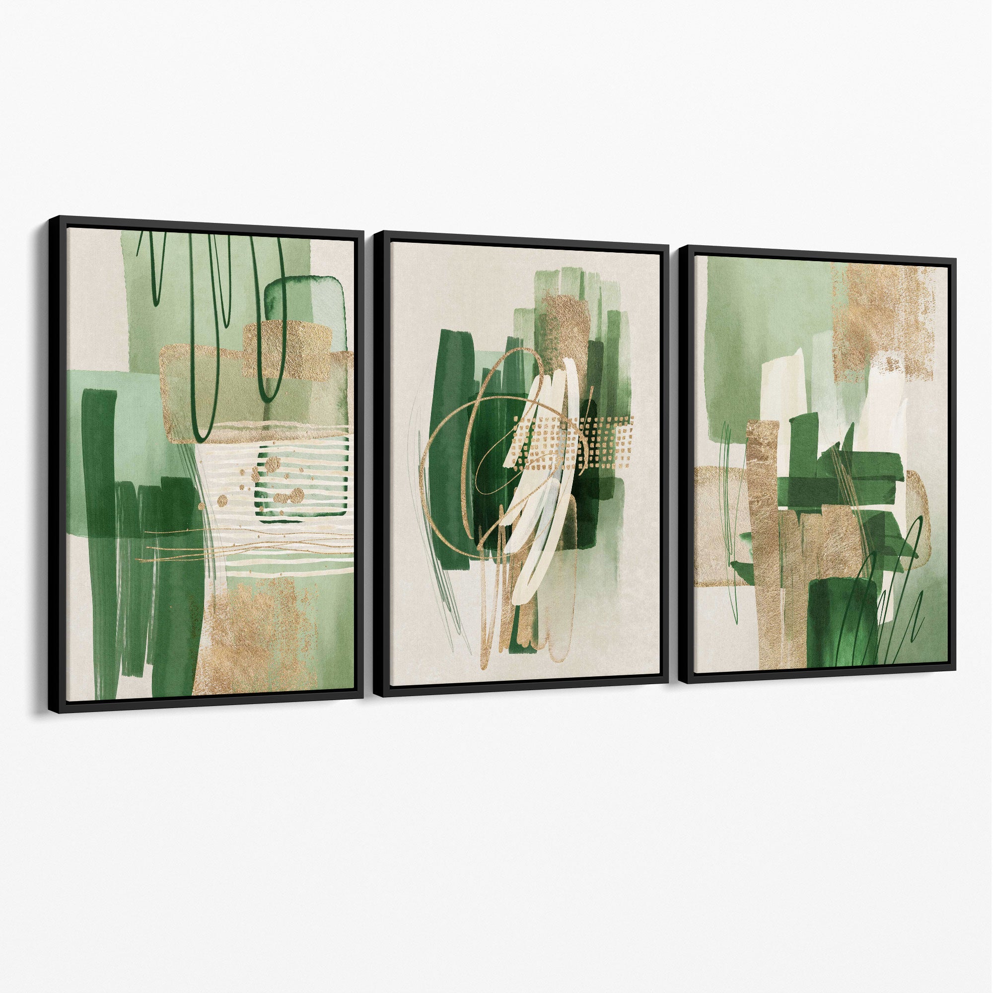 Set of 3 Abstract Green with Gold Canvas Prints with Black Float Frame