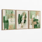 Set of 3 Abstract Green with Gold Canvas Prints with Oak Float Frame