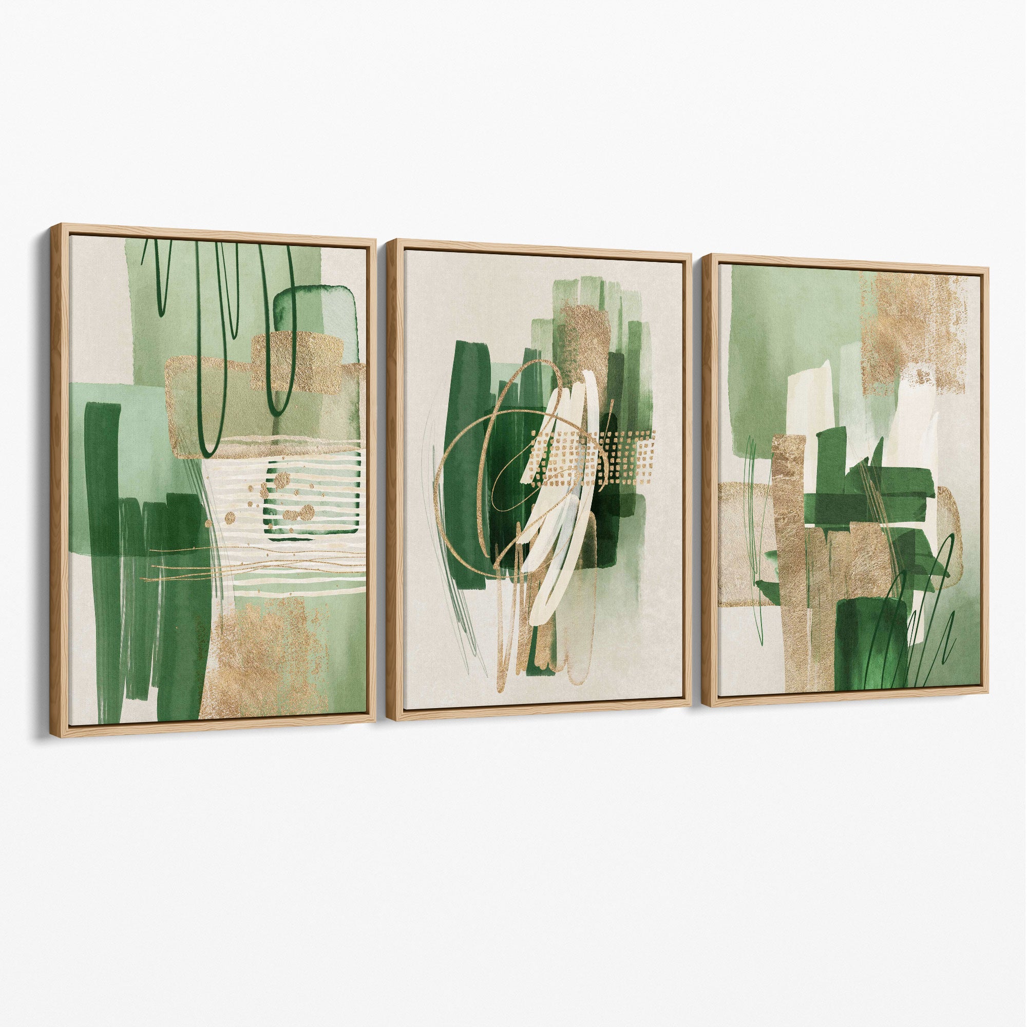 Set of 3 Abstract Green with Gold Canvas Prints with Oak Float Frame