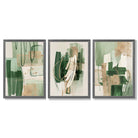 Set of 3 Abstract Green with Gold Framed Wall Art with Dark Grey Wooden Frames