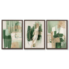 Set of 3 Abstract Green with Gold Framed Wall Art with Dark Wood Frames