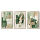 Set of 3 Abstract Green with Gold Framed Wall Art with Gold Wood Frames