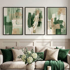 Set of 3 Abstract Green with Gold Art Prints in Black Frames | Artze UK