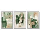 Set of 3 Abstract Green with Gold Framed Wall Art with Light Grey Wooden Frames
