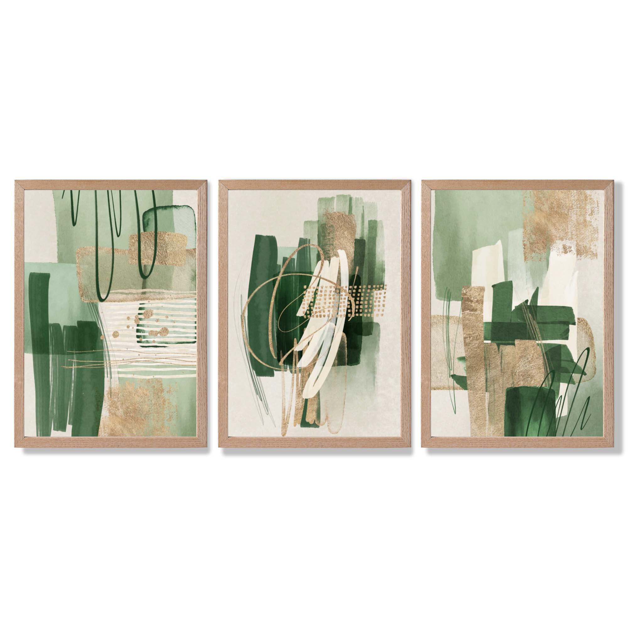 Set of 3 Abstract Green with Gold Framed Wall Art with Light Oak Frames