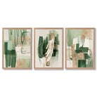 Set of 3 Abstract Green with Gold Framed Wall Art with Light Oak Frames