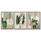 Set of 3 Abstract Green with Gold Framed Wall Art with Light Walnut Frames