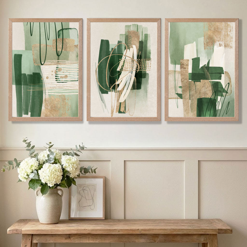 Set of 3 Abstract Green with Gold Art Prints in White Frames | Artze UK