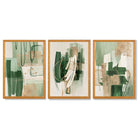 Set of 3 Abstract Green with Gold Framed Wall Art with Oak Wooden Frames