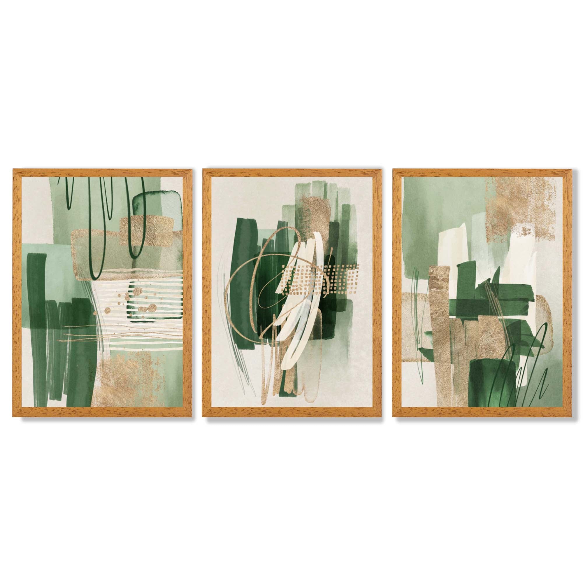 Set of 3 Abstract Green with Gold Framed Wall Art with Oak Wooden Frames