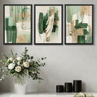 Set of 3 Abstract Green with Gold Art Prints in Oak Frames | Artze UK