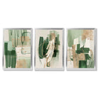 Set of 3 Abstract Green with Gold Framed Wall Art with Silver Wood Frames