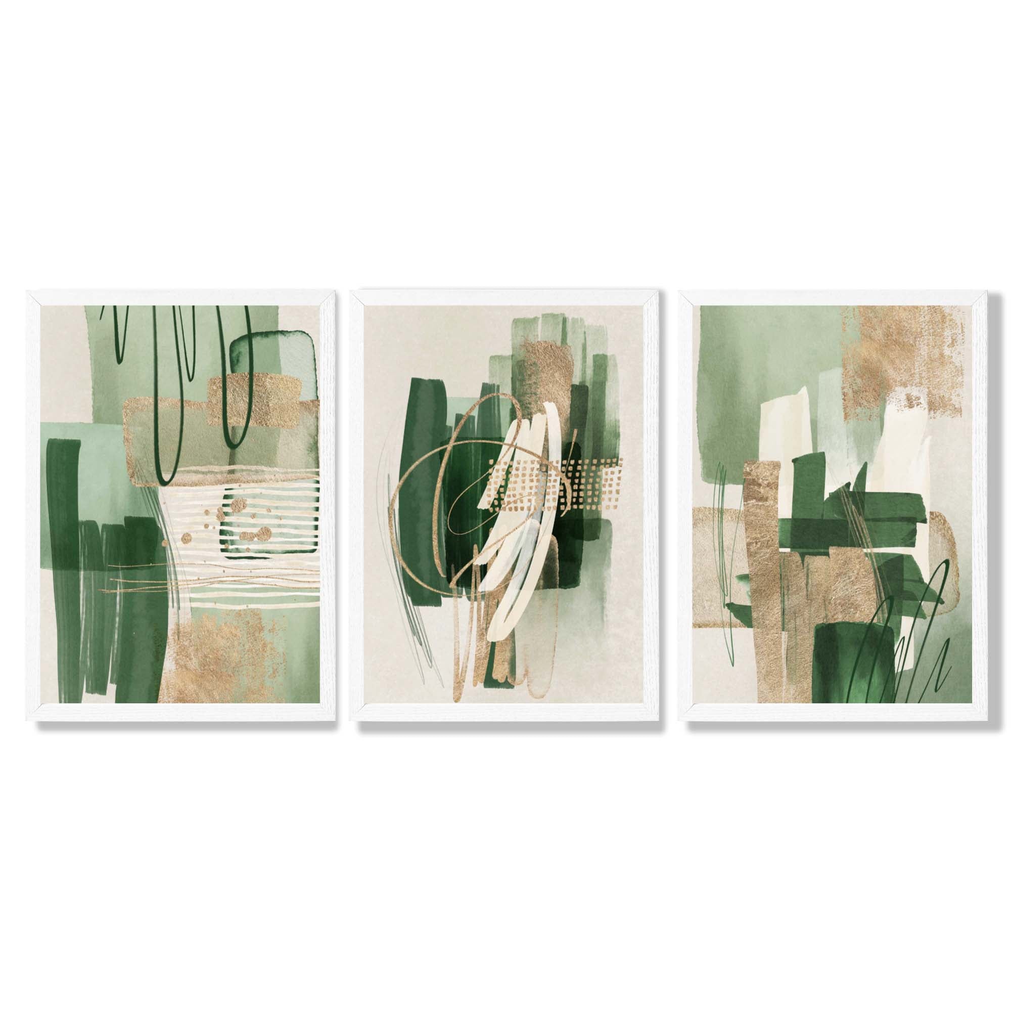 Set of 3 Abstract Green with Gold Framed Wall Art with White Wooden Frames