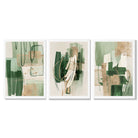 Set of 3 Abstract Green with Gold Framed Wall Art with White Wooden Frames