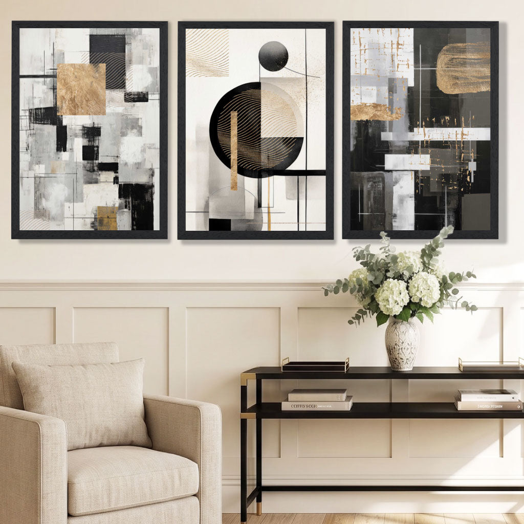 Set of 3 Abstract Geometric Black and Beige Framed Wall Art with Black Wooden Frames