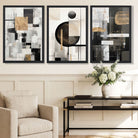 Set of 3 Abstract Geometric Black and Beige Framed Wall Art with Black Wooden Frames