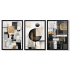 Set of 3 Abstract Geometric Black and Beige Framed Wall Art with Black Wooden Frames