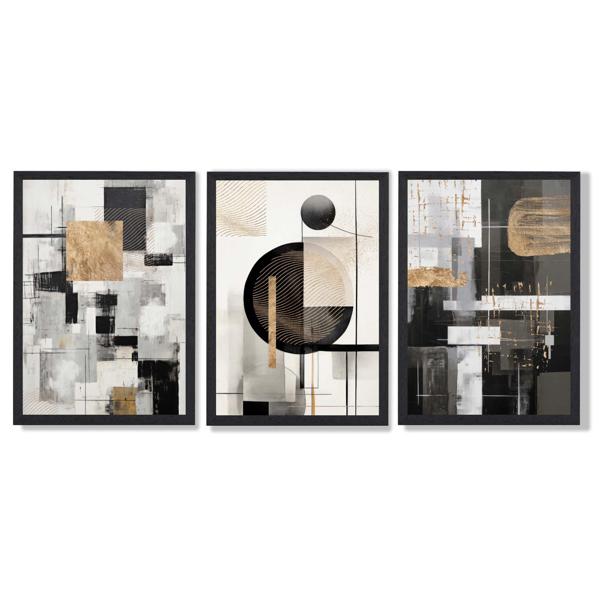 Set of 3 Abstract Geometric Black and Beige Framed Wall Art with Black Wooden Frames