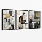Set of 3 Abstract Geometric Black and Beige Canvas Prints with Black Float Frame