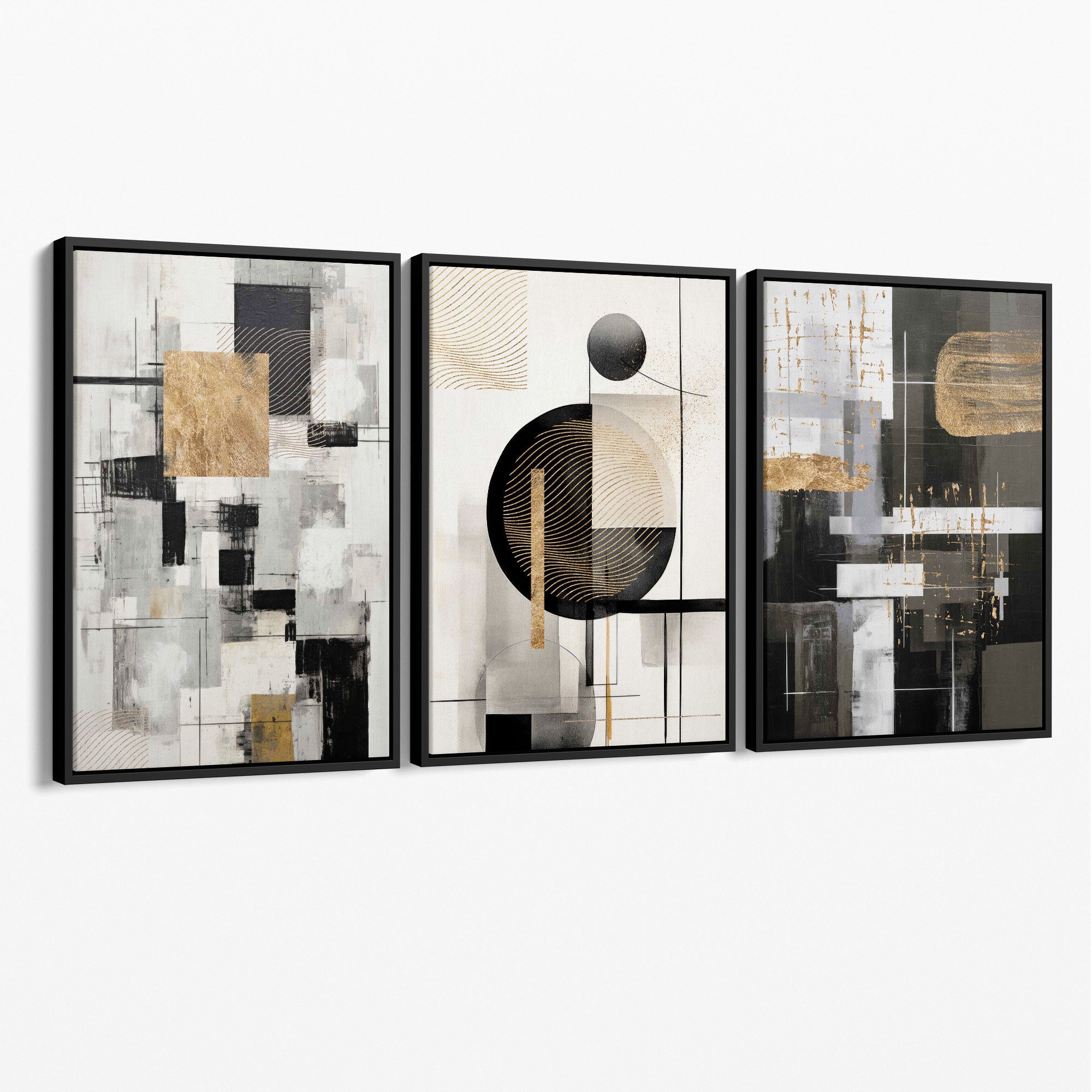 Set of 3 Abstract Geometric Black and Beige Canvas Prints with Black Float Frame